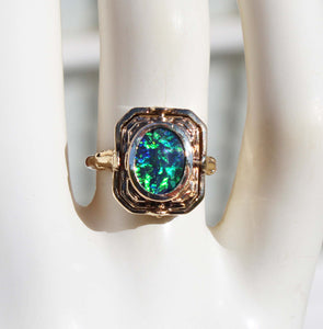 Antique SIGNED ESEMCO 1920s Art Deco Opal & Persian Turquoise 10k Solid Gold Cocktail RARE Flip Ring