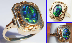 Antique SIGNED ESEMCO 1920s Art Deco Opal & Persian Turquoise 10k Solid Gold Cocktail RARE Flip Ring