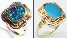 Load image into Gallery viewer, Antique SIGNED ESEMCO 1920s Art Deco Opal &amp; Persian Turquoise 10k Solid Gold Cocktail RARE Flip Ring