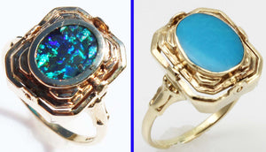 Antique SIGNED ESEMCO 1920s Art Deco Opal & Persian Turquoise 10k Solid Gold Cocktail RARE Flip Ring