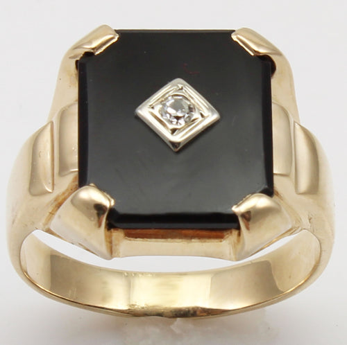 Vintage 1940's Natural & Genuine Antique Cut Diamond & Onyx 10k Solid Yellow & White Gold Men's Ring