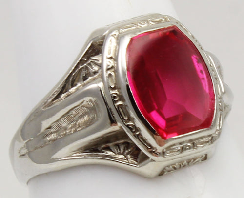 Antique 1920's Art Deco SIGNED LaFrance of NY 3ct Window Pane Ruby 10k Solid White Gold Men's Ring