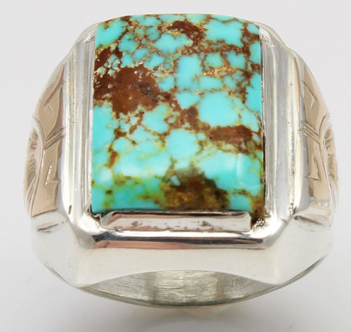 Antique 1920s Art Deco Natural ORANGE SPIDERWEB MATRIX Kingman Turquoise Silver & 10k Gold Mens Ring