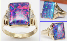 Load image into Gallery viewer, Antique 1920&#39;s Art Deco LARGE BRIGHT RAINBOW RARE Natural Opal &amp; 2 Diamond 10k Solid Gold Men&#39;s Ring