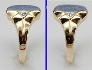 Antique 1920's Art Deco LARGE BRIGHT RAINBOW RARE Natural Opal & 2 Diamond 10k Solid Gold Men's Ring