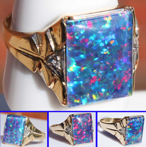 Antique 1920's Art Deco LARGE BRIGHT RAINBOW RARE Natural Opal & 2 Diamond 10k Solid Gold Men's Ring