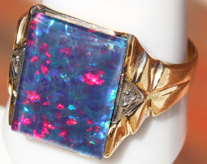 Antique 1920's Art Deco LARGE BRIGHT RAINBOW RARE Natural Opal & 2 Diamond 10k Solid Gold Men's Ring