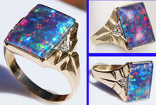 Load image into Gallery viewer, Antique 1920&#39;s Art Deco LARGE BRIGHT RAINBOW RARE Natural Opal &amp; 2 Diamond 10k Solid Gold Men&#39;s Ring