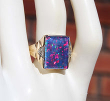 Load image into Gallery viewer, Antique 1920&#39;s Art Deco LARGE BRIGHT RAINBOW RARE Natural Opal &amp; 2 Diamond 10k Solid Gold Men&#39;s Ring