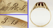 Load image into Gallery viewer, Antique Dated 1910 Victorian Antique Cut 2ct Natural Garnet Hand Engraved 10k Solid Gold Men's Ring