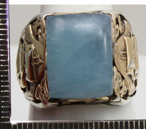 HEAVY Antique Nautical Themed LARGE 10ct Natural Aquamarine Sterling Silver & 10k Gold Men's Ring