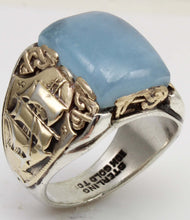 Load image into Gallery viewer, HEAVY Antique Nautical Themed LARGE 10ct Natural Aquamarine Sterling Silver &amp; 10k Gold Men&#39;s Ring
