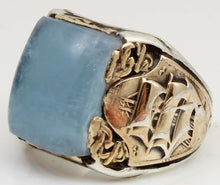 Load image into Gallery viewer, HEAVY Antique Nautical Themed LARGE 10ct Natural Aquamarine Sterling Silver &amp; 10k Gold Men&#39;s Ring