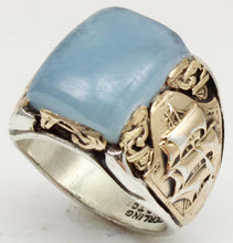 Load image into Gallery viewer, HEAVY Antique Nautical Themed LARGE 10ct Natural Aquamarine Sterling Silver &amp; 10k Gold Men&#39;s Ring