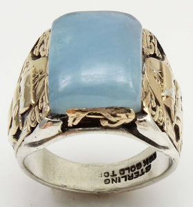 HEAVY Antique Nautical Themed LARGE 10ct Natural Aquamarine Sterling Silver & 10k Gold Men's Ring