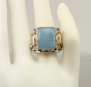 HEAVY Antique Nautical Themed LARGE 10ct Natural Aquamarine Sterling Silver & 10k Gold Men's Ring