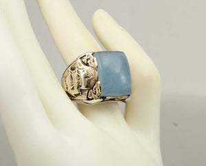 HEAVY Antique Nautical Themed LARGE 10ct Natural Aquamarine Sterling Silver & 10k Gold Men's Ring
