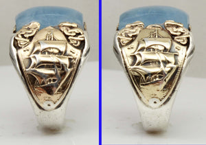 HEAVY Antique Nautical Themed LARGE 10ct Natural Aquamarine Sterling Silver & 10k Gold Men's Ring