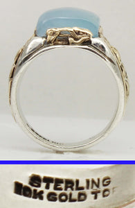 HEAVY Antique Nautical Themed LARGE 10ct Natural Aquamarine Sterling Silver & 10k Gold Men's Ring