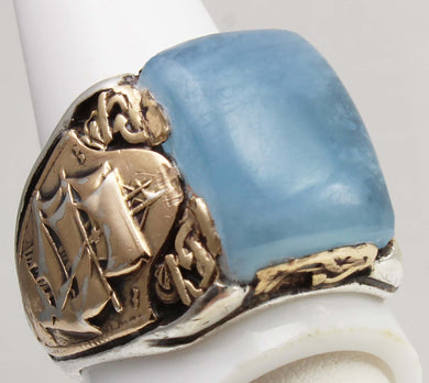 HEAVY Antique Nautical Themed LARGE 10ct Natural Aquamarine Sterling Silver & 10k Gold Men's Ring