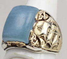 Load image into Gallery viewer, HEAVY Antique Nautical Themed LARGE 10ct Natural Aquamarine Sterling Silver &amp; 10k Gold Men&#39;s Ring