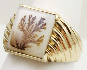 Vintage 1940's RARE Natural Dendritic Agate 10k Solid Yellow Gold Men's Ring