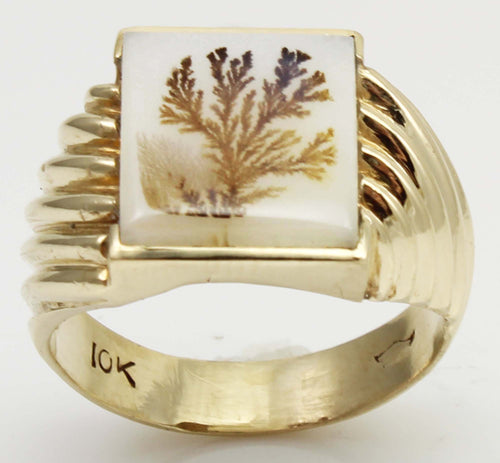 Vintage 1940's RARE Natural Dendritic Agate 10k Solid Yellow Gold Men's Ring