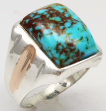 Load image into Gallery viewer, Antique 1920's Art Deco Natural COLLAPSED MATRIX Kingman Turquoise Silver &amp; 10k RoseGold Men's Ring