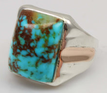 Load image into Gallery viewer, Antique 1920's Art Deco Natural COLLAPSED MATRIX Kingman Turquoise Silver &amp; 10k RoseGold Men's Ring