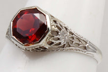 Load image into Gallery viewer, Antique 1920's Art Deco 1.2ct Natural Garnet 14k Solid White Gold Filigree Ladies Cocktail Ring
