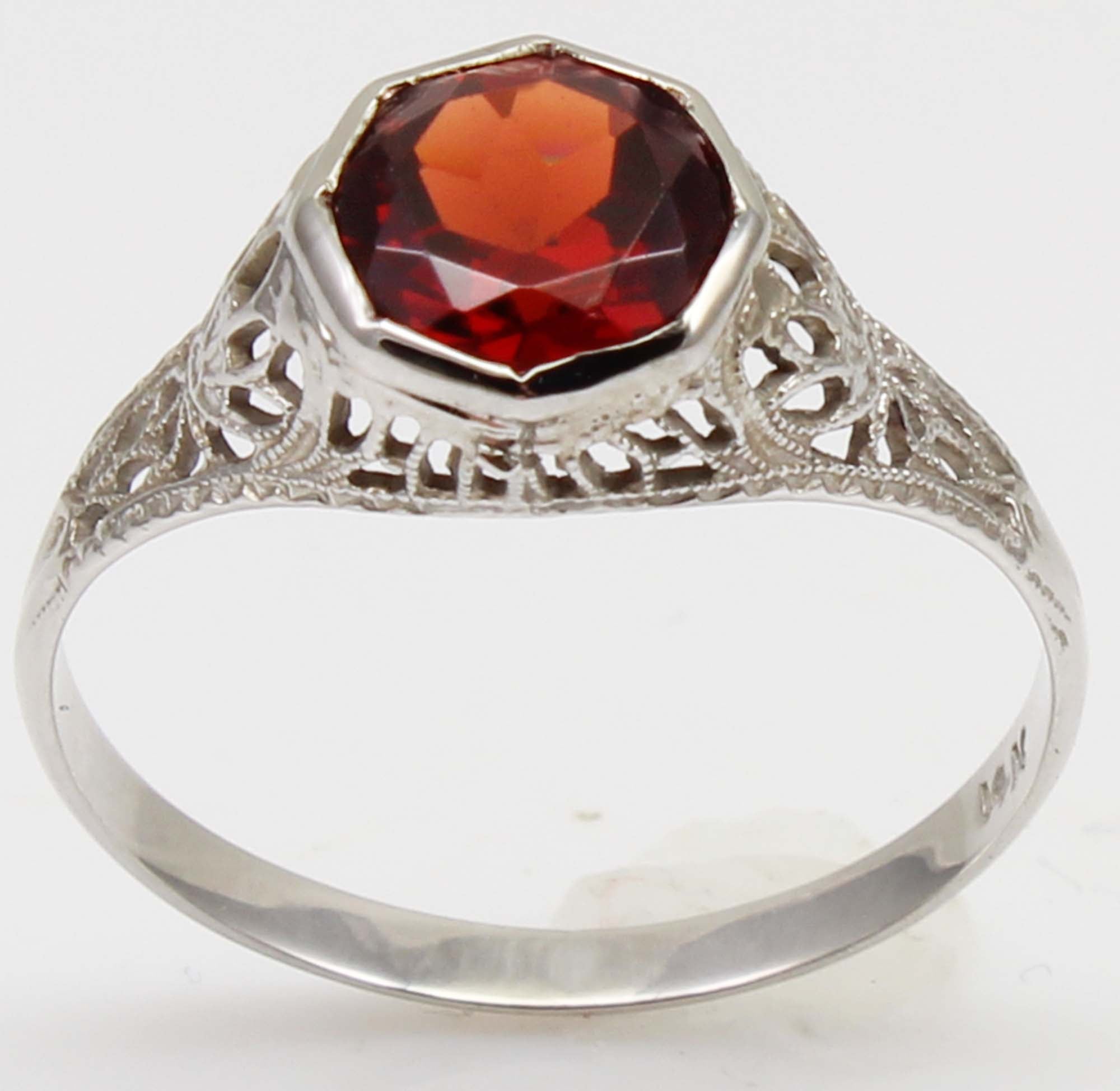 Antique 1920's Art Deco Natural Garnet 14k Solid White Gold Filigree  Ladies Cocktail Ring