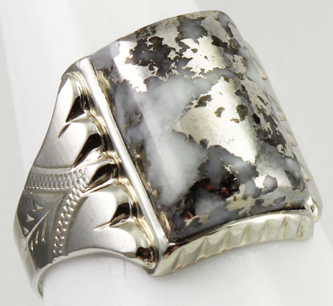 Antique 1920's Art Deco RARE Natural Silver Ore in Quartz Engraved 14k Solid White Gold Men's Ring