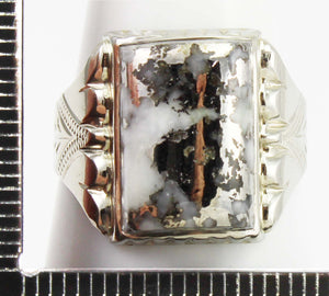 Antique 1920's Art Deco RARE Natural Silver Ore in Quartz Engraved 14k Solid White Gold Men's Ring