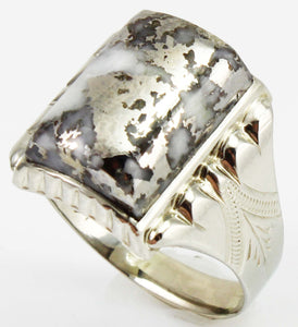 Antique 1920's Art Deco RARE Natural Silver Ore in Quartz Engraved 14k Solid White Gold Men's Ring