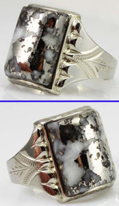 Antique 1920's Art Deco RARE Natural Silver Ore in Quartz Engraved 14k Solid White Gold Men's Ring