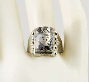 Antique 1920's Art Deco RARE Natural Silver Ore in Quartz Engraved 14k Solid White Gold Men's Ring