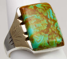Load image into Gallery viewer, Antique SIGNED ECCO 1920's Art Deco Natural Kingman Mine Turquoise Silver &amp; 10k Gold Men's Ring