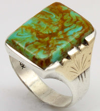 Load image into Gallery viewer, Antique SIGNED ECCO 1920's Art Deco Natural Kingman Mine Turquoise Silver &amp; 10k Gold Men's Ring