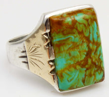 Load image into Gallery viewer, Antique SIGNED ECCO 1920's Art Deco Natural Kingman Mine Turquoise Silver &amp; 10k Gold Men's Ring
