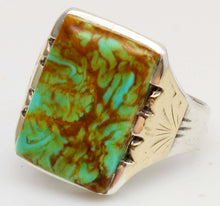 Load image into Gallery viewer, Antique SIGNED ECCO 1920's Art Deco Natural Kingman Mine Turquoise Silver &amp; 10k Gold Men's Ring