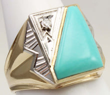 Load image into Gallery viewer, Antique SIGNED Late Period Art Deco Robin's Egg Blue Turquoise &amp; Diamond 10k Solid Gold Men's Ring