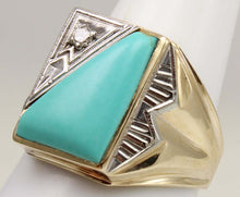 Load image into Gallery viewer, Antique SIGNED Late Period Art Deco Robin's Egg Blue Turquoise &amp; Diamond 10k Solid Gold Men's Ring