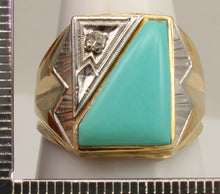Load image into Gallery viewer, Antique SIGNED Late Period Art Deco Robin's Egg Blue Turquoise &amp; Diamond 10k Solid Gold Men's Ring