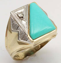 Load image into Gallery viewer, Antique SIGNED Late Period Art Deco Robin's Egg Blue Turquoise &amp; Diamond 10k Solid Gold Men's Ring