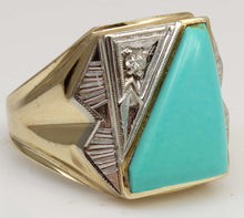 Load image into Gallery viewer, Antique SIGNED Late Period Art Deco Robin's Egg Blue Turquoise &amp; Diamond 10k Solid Gold Men's Ring