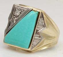 Load image into Gallery viewer, Antique SIGNED Late Period Art Deco Robin's Egg Blue Turquoise &amp; Diamond 10k Solid Gold Men's Ring
