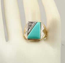 Load image into Gallery viewer, Antique SIGNED Late Period Art Deco Robin's Egg Blue Turquoise &amp; Diamond 10k Solid Gold Men's Ring