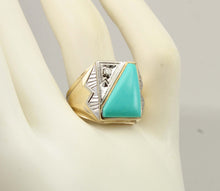 Load image into Gallery viewer, Antique SIGNED Late Period Art Deco Robin's Egg Blue Turquoise &amp; Diamond 10k Solid Gold Men's Ring