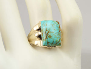 Antique 1920's Art Deco RARE COLLAPSED ORANGE Matrix Kingman Mine Turquoise 10k Solid Gold Mens Ring