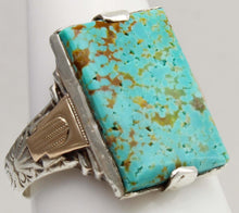 Load image into Gallery viewer, Antique 1930s Late Period Art Deco RARE Natural #8 Mine Nevada Turquoise Silver &amp; 10k Gold Mens Ring